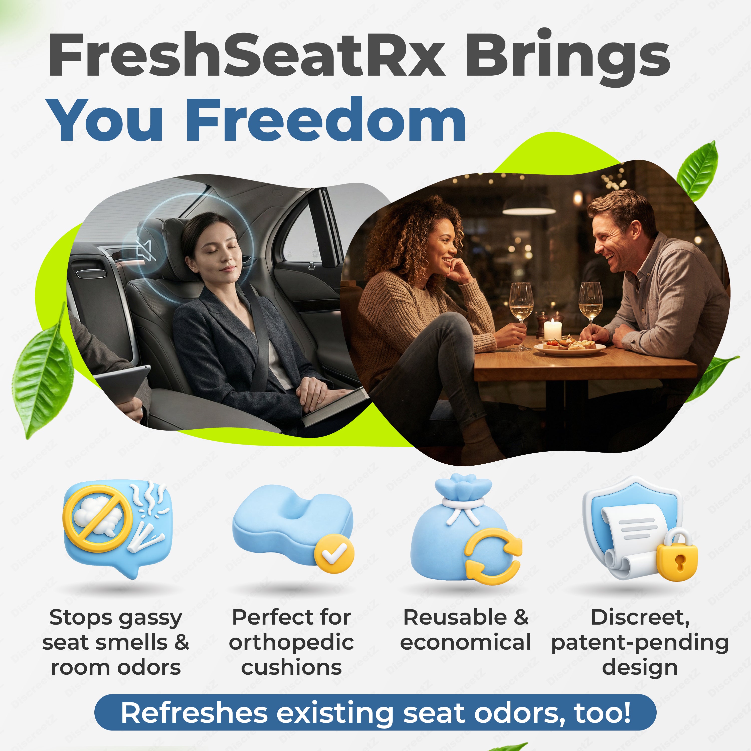 FreshSeatRx 4-Discreet Odor Removal Seat Pads. Orthopedic Seat Cushion Pads, Use for Home, Office, Car, Flight, Any Seating.  FS-4