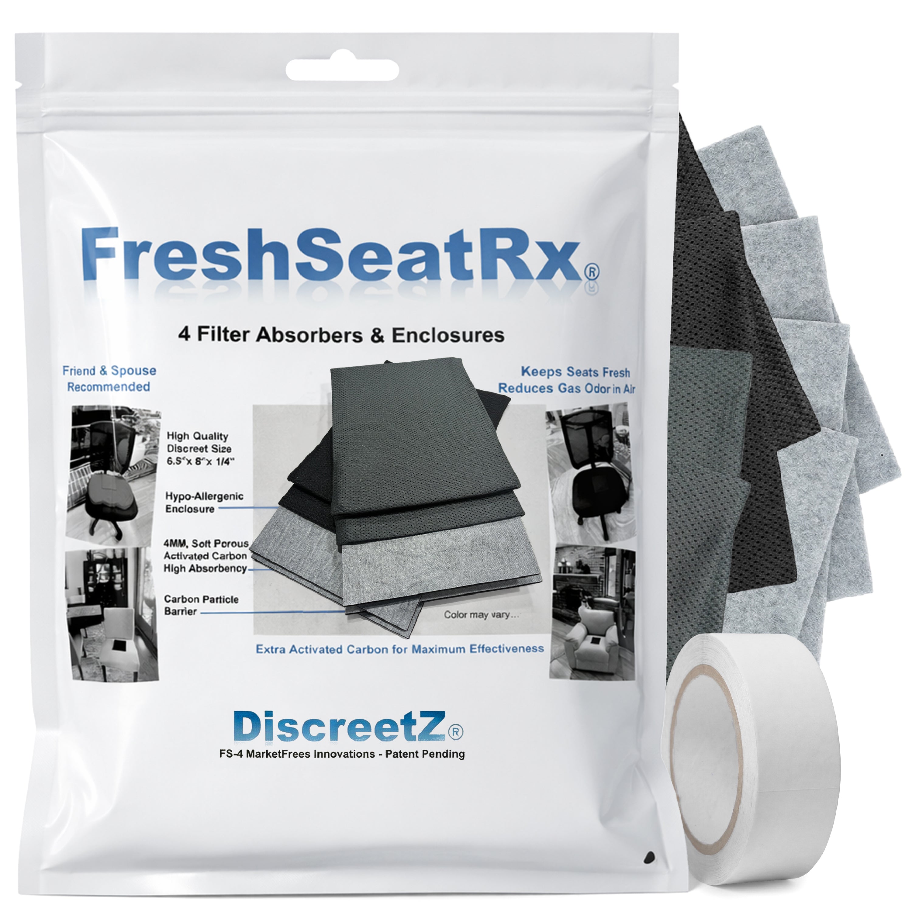 FreshSeatRx 4-Discreet Odor Removal Seat Pads. Orthopedic Seat Cushion Pads, Use for Home, Office, Car, Flight, Any Seating.  FS-4